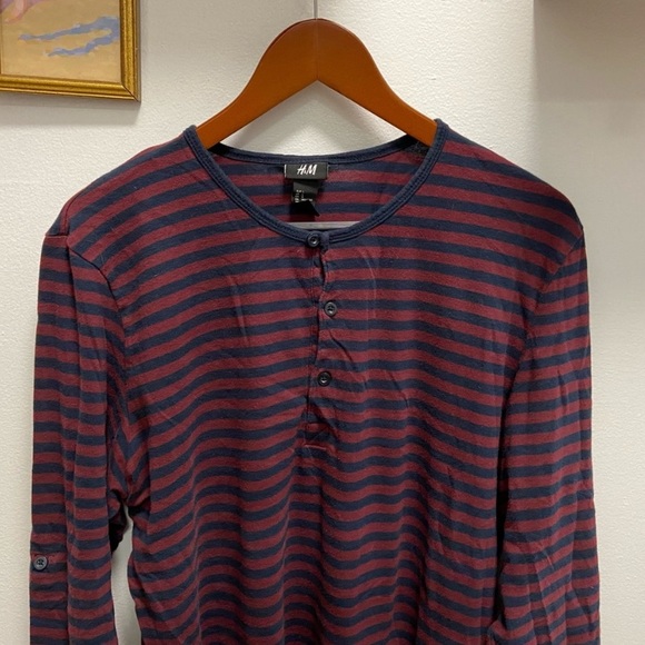 H&M Other - 🍷H&M French Style Striped Button Henley Long-Sleeve Roll-Up // Merlot x Blue 🍷